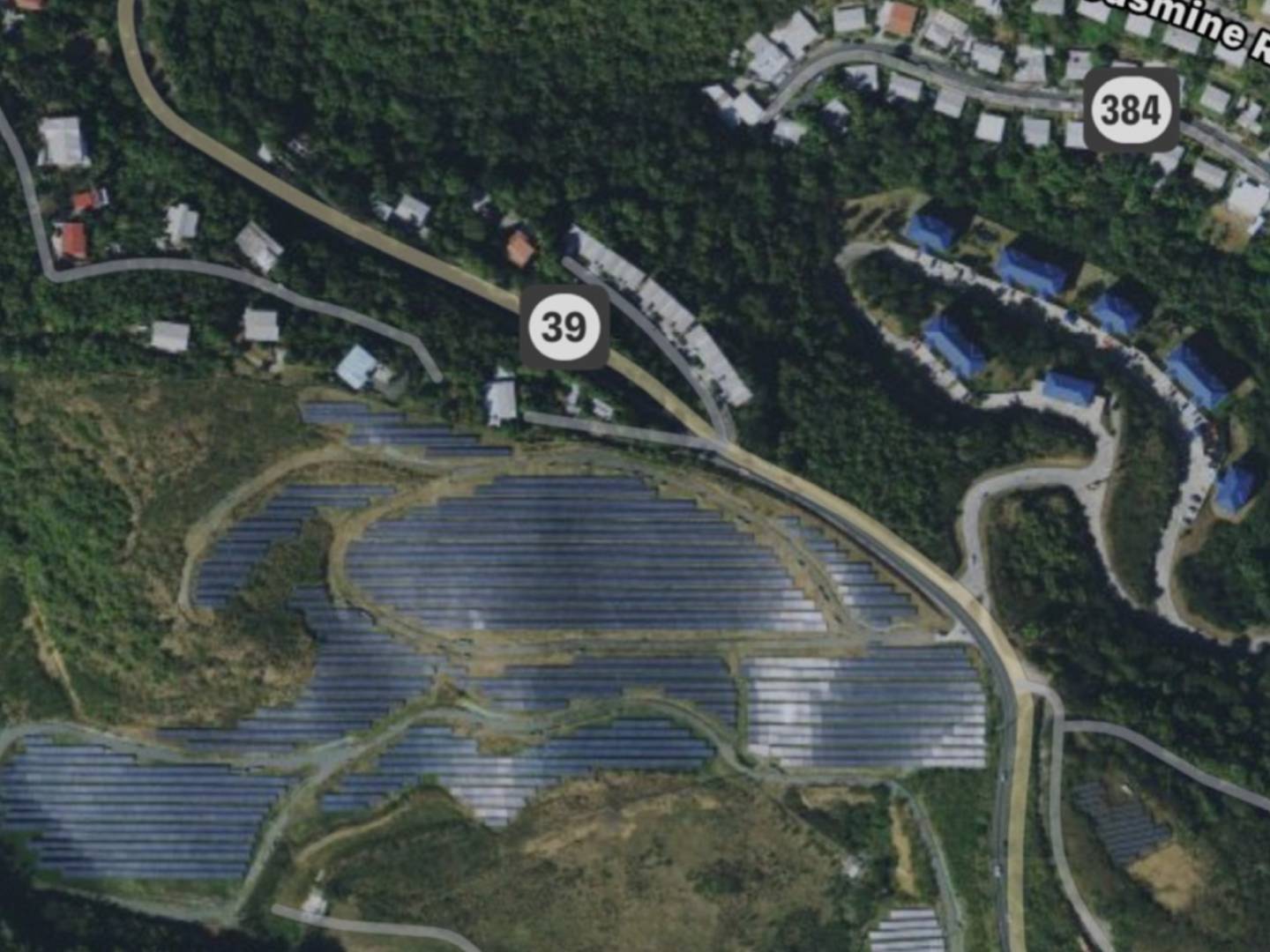 Alternate angle of overhead view of a solar farm